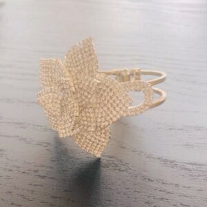 Silver Diamond Stone Flower Floral Bracelet Bangle Large Statement Piece Vintage